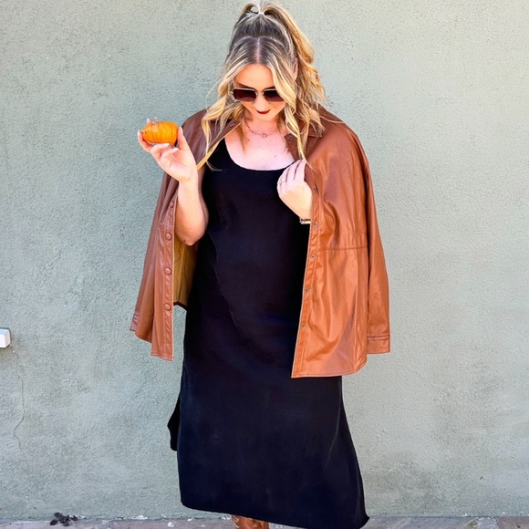 Faux Brown Leather Jacket Shacket Button Down Size Large - Picture 1 of 8